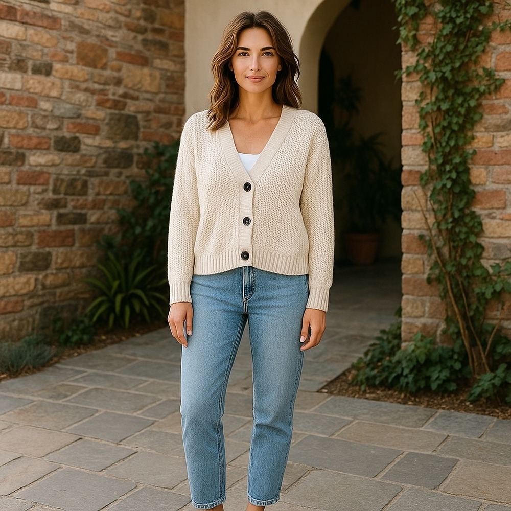 C&C California Knit Cardigan‎ Button Front Sweater Lightweight Cream XL